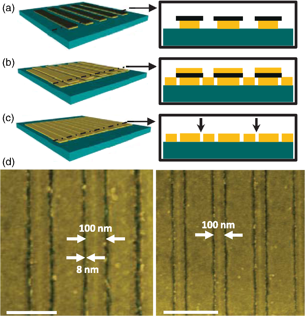 Fabrication And Ysis Of Metallic Nano Structures D Colorized Sem Images Of The Resulting Dual Width Au Grid Structure Scale Bars Are 250 And 500 Nm Respectively Gap Is 8nm 8